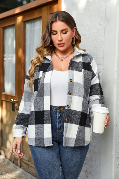 2022 Women Plus Size Fall Shirts Casual Plaid Coat Spring Casual Drop Shoulder Coat Single Breasted Patch with Pocket