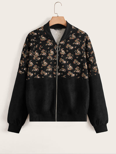 TOLEEN Plus Size Women Clothing 2022 Spring Autumn Fashion Black Zipper Long Sleeve Coat Casual Floral Printed Patchwork Jackets