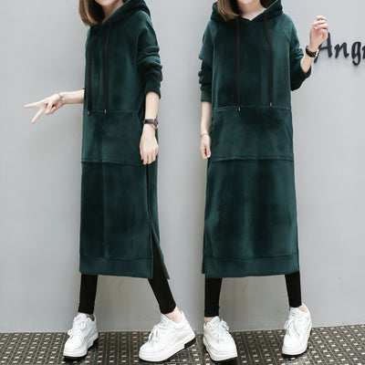 Warm Winter High Quality Gold Velvet Hooded Dresses Pocket Long Sleeved Casual Dress Black Gray Sportwear Autumn Women Clothings