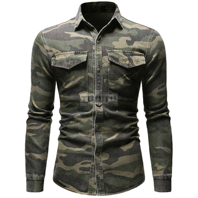 2022 Spring Autumn Camouflage Denim Shirt for Man Army Green Long Sleeved Loose Jeans Shirts Men's Blouse