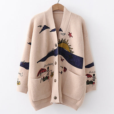 Cartoon Print Knitted Cardigan women&#39;s Jacket 2021 Autumn Korean Loose V Neck Sweater Coat Front Pocket Women&#39;s Cardigans