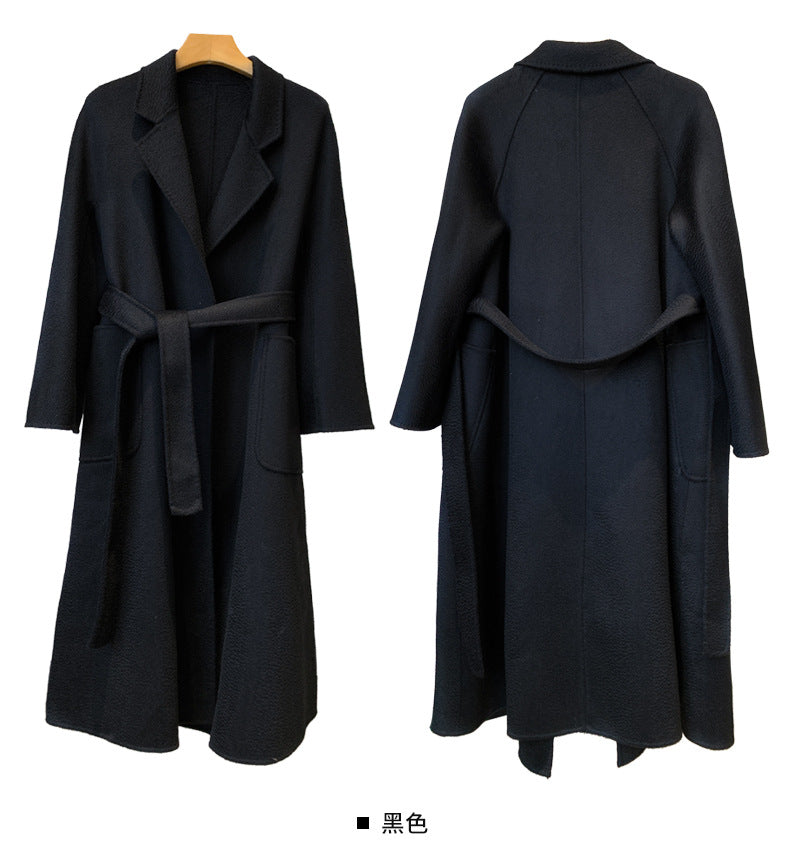 Women&#39;s Long Wool Trench Coat Winter Oversize Handmade Lapel Cardigan Overcoat with Belt