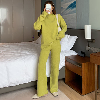 Women Solid Knitted 2 Piece Sets Casual Turtleneck Long Sleeve Sweater and Wide Leg Pant Suit Autumn Winter Loose Outfits H223