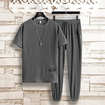 Summer Thin Men's Set Solid Color Short Sleeve O-neck T-Shirt Elastic Waist Casual Pants Two Piece Suit