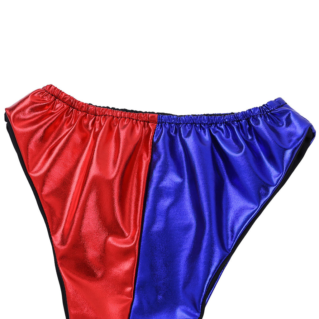 2021 Women Adults Halloween Jester Cosplay Exotic Panties Shiny Metallic Elastic Waist Red and Blue Color Block Hot Booty Briefs