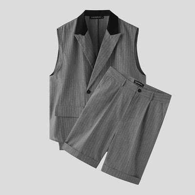 INCERUN Fashion Men Sets Striped Patchwork Sleeveless Button Vests &amp; Shorts 2PCS Streetwear 2022 Loose Men Casual Suits S-5XL