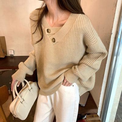 Korean Fashion Sweaters Women Spring Buttons V Neck Soft Warm Loose Pullover Solid Long Sleeve Knitted Shirt Female Tops 2022New