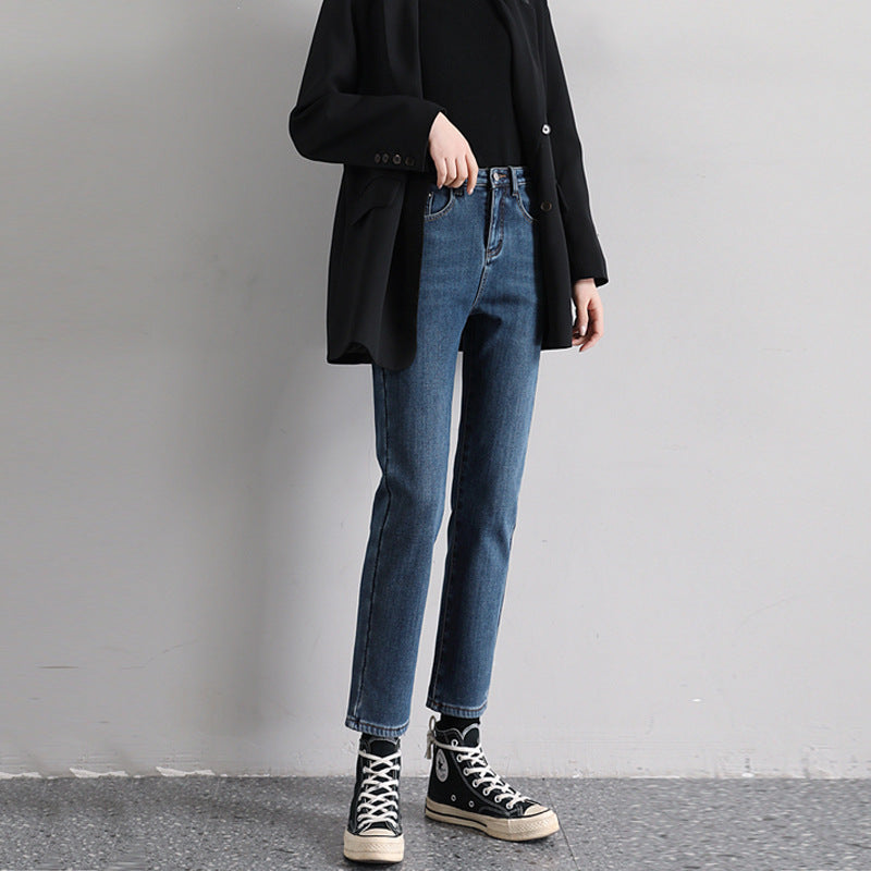Straight chimney 2022 spring and summer living female high-waisted slim mid-tube pants nine points apricot black jeans