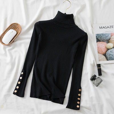 Turtleneck Sweater Pullover Women Solid Fall Winter 2021 Female Sweaters Slim Warm Jumpers Button Long Sleeve Ladies Pull Femme