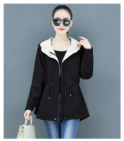 Spring autumn windbreaker casual ladies thin section 2021 new zipper loose waist wild Hooded student thin trench coat D46
