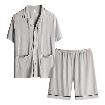 Men Cardigan Pajamas Set Summer Modal Jacquard Male Pyjamas Loose Men Home Set Sleepwear Short-sleeve Tops + Short Pants 2pcs