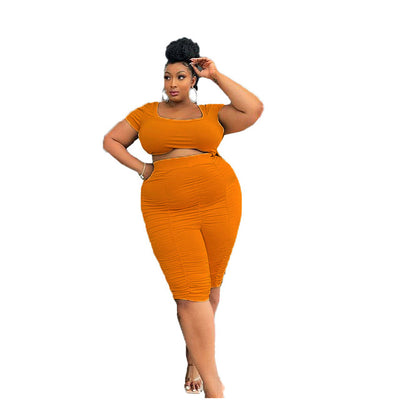 HAOOHU Summer Outfits Casual Plus Size Women Clothing Orange Two Piece Set Ladies Short Crop Tops Stacked Shorts Matching Sets