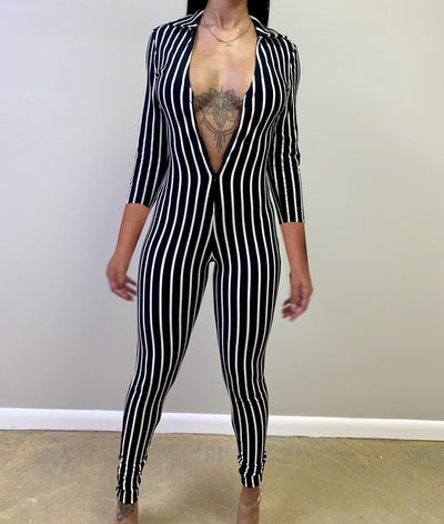 AHVIT Zipper Deep V Neck Women Jumpsuits Turn Down Collar Three Quarter Sleeve Skinny Romper Vertical Stripe Catsuits FDN8192