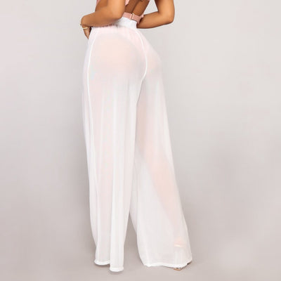 2021 Summer Women New Sexy High Waist Wide Leg Pants See-through Bohemian Beach Trousers Mesh Sheer Elastic Waist Straight Pants