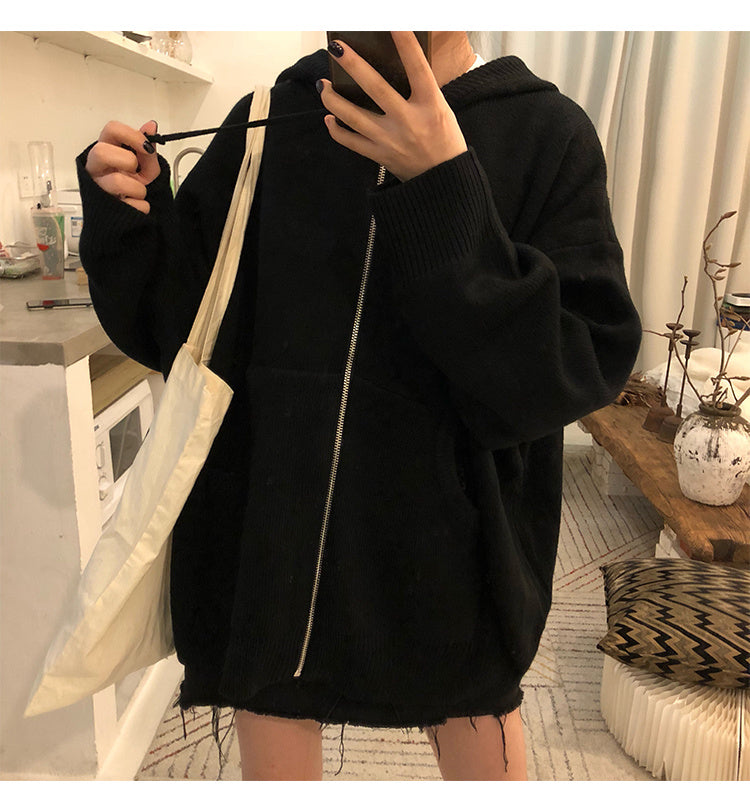Thicken Solid Sweater Hooded Coat Korean Pockets Long Sleeve Jacket 2021 Autumn Winter Knitted Cardigan 6C400