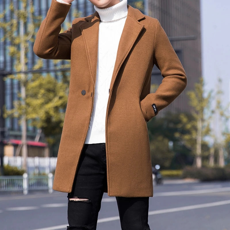 Autumn and winter men&#39;s trench coat youth woolen coat men&#39;s mid-length Korean casual coat