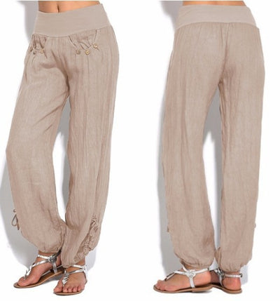 New Loose Buttons Decorating Leisure Leg Pants for Women Elastic Waist Solid White Gray Black Full Length Wide Leg Pants