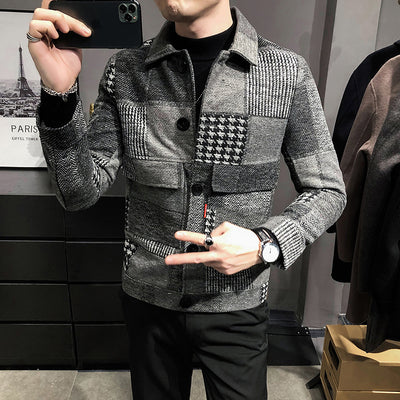 2021 Autumn Winter Mens Vintage Warm Plaid Trench Woolen Coat Slim Fit Casual Jackets Male Turn-down Collar Wool Jacket B456