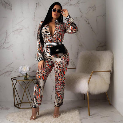 AHVIT Fashion Colorful Leopard Printing Casual Women Jumpsuits Front Zip Long Sleeve Turtle Neck High Waist Skinny Romper 5313