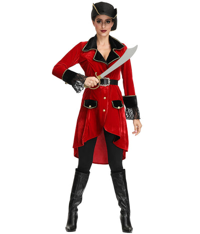 Female Pirates Captain Costume Halloween Role Playing Cosplay Suit Medoeval Gothic Fancy Woman Dress with Coat+Hat+Belt