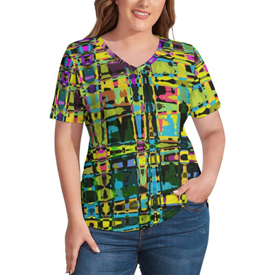 Colorful Abstract Print T Shirt Graffiti Art Pretty T Shirts V Neck Short Sleeve Tshirt Lady Street Wear Top Tees Plus Size 4XL