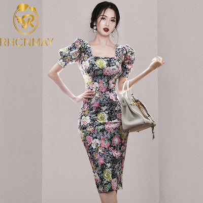 New Flower Printed Pencil Bodycon Dress Summer Runway Women Puff Sleeve Elegant Simple High Waist Bag Hip Draped Dresses