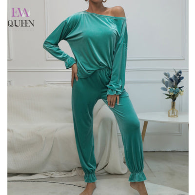 EvaQueen Velvet High Waist Soft 2 Piece Sets For Women Lantern Sleeve Spring Ruched Pant Sets Casual Home Slim Sexy Women&#39;s Sets
