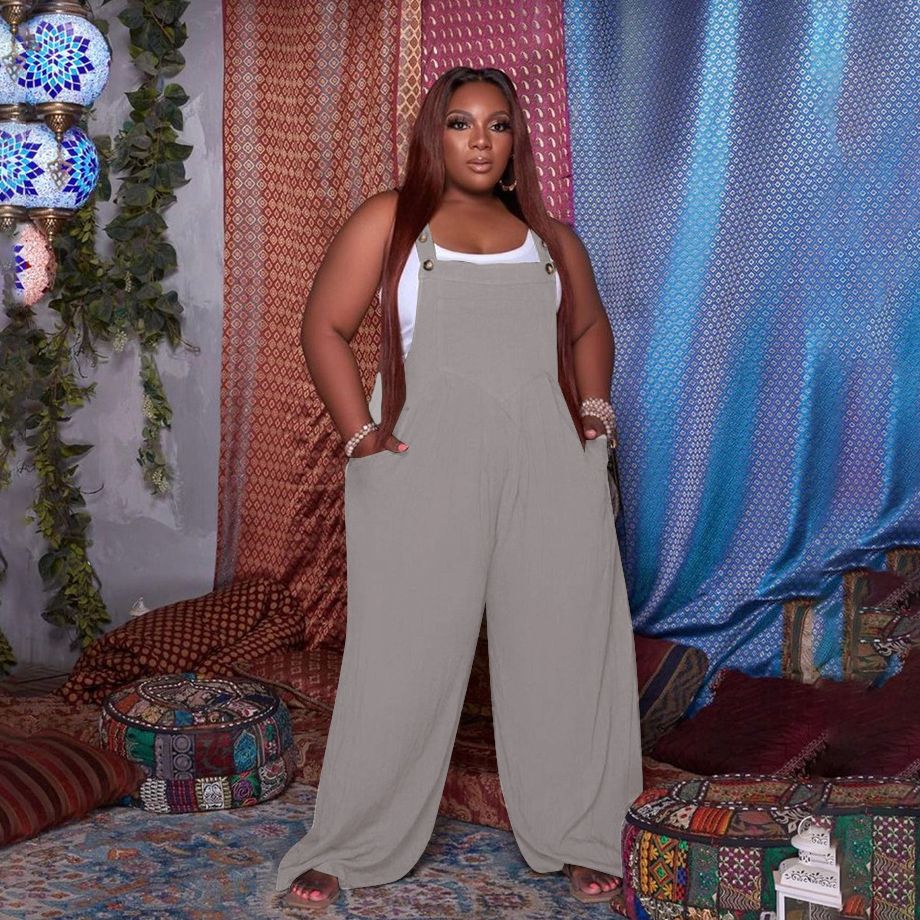 Plus Size Women 5xl Rompers Sleeveless Pocket Jumpsuit Fashion Club One Piece Outfit 2022 Summer Lady Wide Leg Pant Wholesale