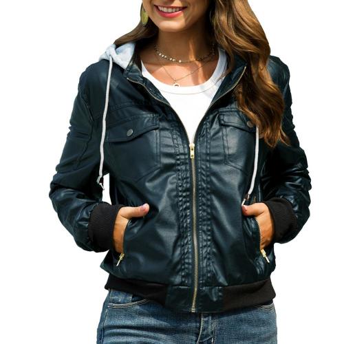 Women Faux Leather Hooded Jacket Autumn Winter Drawstring Thickened Short Zip Coat Solid Color Windproof Outerwear