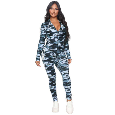 Camouflage Print Casual Two Piece Set Women Sportswear Autumn Hooded Long Sleeve Zipper Top+full-length Mid Waist Tracksuits