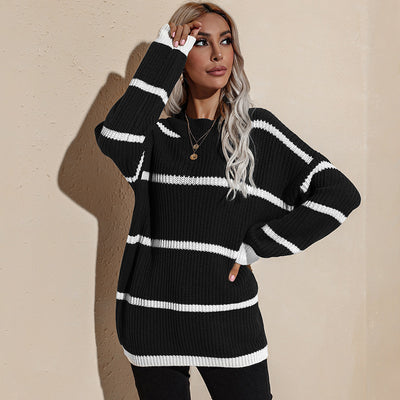 Women O-Neck Fashion Clothing Top Striped Pullover Knitted Sweater 2021 Autumn Winter Oversize Long Sleeve Casual Loose Sweaters