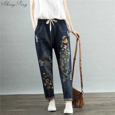 Women jeans 2021 Jeans with embroidery national clothes female embroidered jeans womens jeans denim 2021 denim Q658