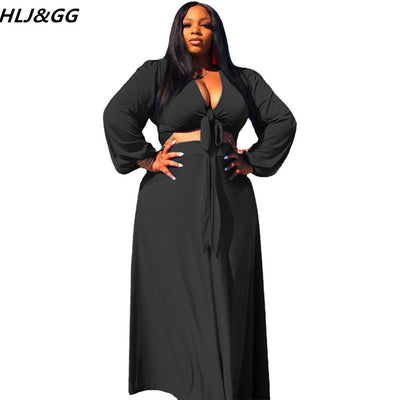 HLJ&amp;GG Casual Solid Color Plus Size Skirt Two Piece Sets Women Deep V Bandage Long Sleeve Crop Top + A-line Skirts Outfits 5XL