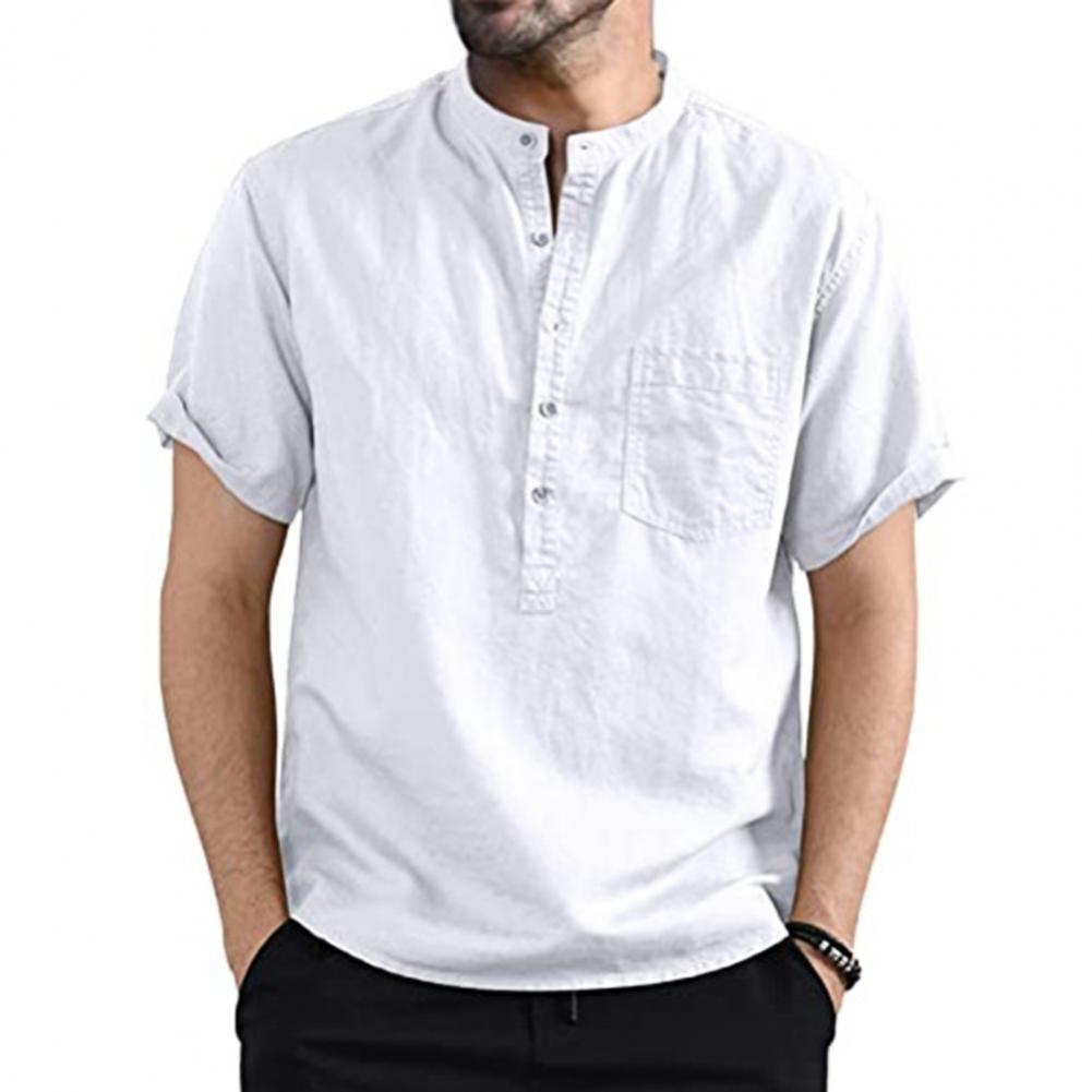Wear-resistant Men Shirt Loose Short Sleeve Shirt Stand Collar Solid Color Shirt Tops Solid Color