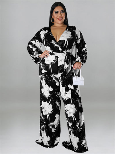 Wmstar Plus Size Jumpsuit Women with Bandage V Neck Flower Print Fall One Piece Outfit Wide Leg Bodysuit Wholesale Dropshipping