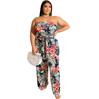 Plus Size Women 5xl Jumpsuits Floral Leaf Print One Piece Outfit 2022 Summer Casual Sleeveless Jumpsuit Wholesale Wide Leg Pants