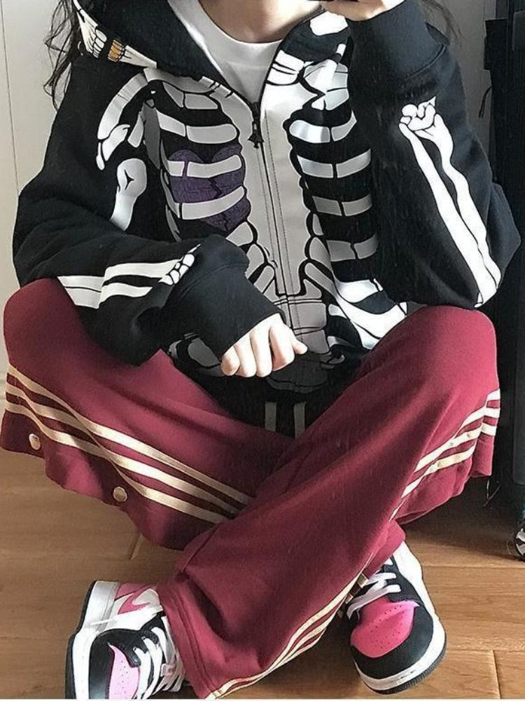 Deeptown Y2K Gothic Zip Up Hoodies Women Punk Oversized Skull Skeleton Print Sweatshirts Black Hip Hop Loose Tops Jacket Grunge