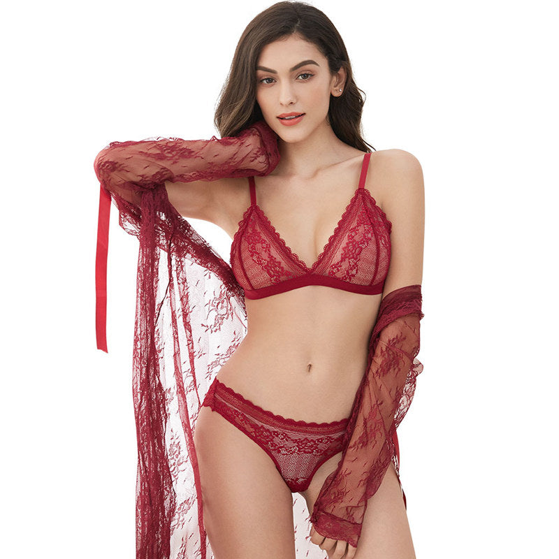 Varsbaby sexy unlined floral lace deep V lingerie set bras+panties+robe+thongs 4 pcs for women