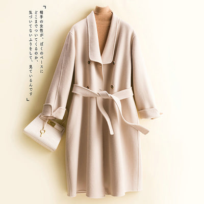 Hepburn style double-sided cashmere coat women's mid-length wool autumn and winter woolen coat loose wool