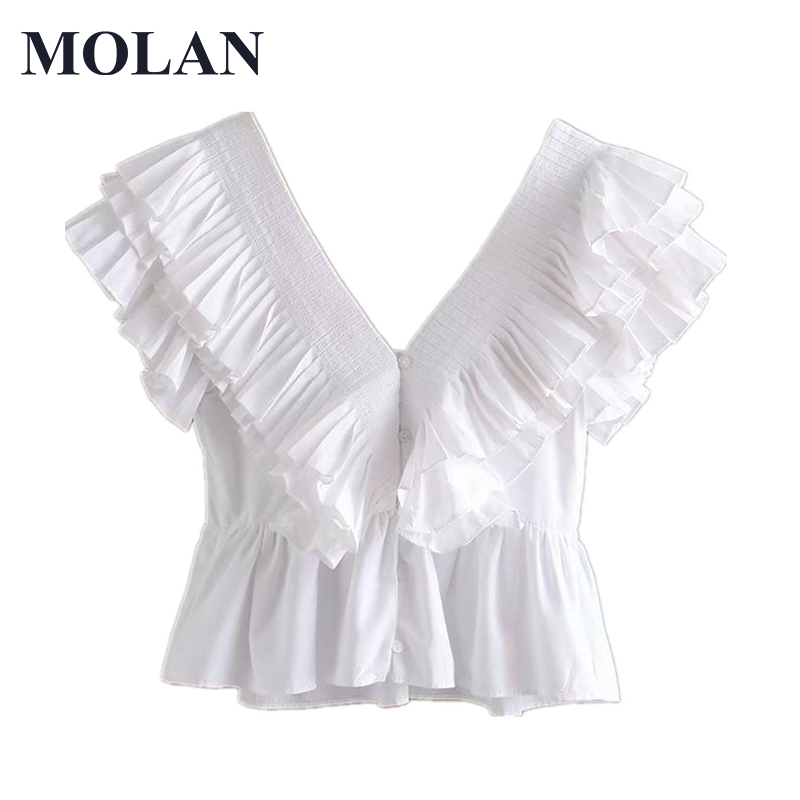 MOLAN Women Sexy Chiffon White Summer Shirts V Neck Short Sleeve Solid Female 2021 New Fashion Backless Party Top