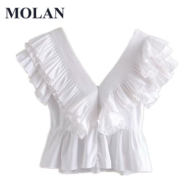 MOLAN Women Sexy Chiffon White Summer Shirts V Neck Short Sleeve Solid Female 2021 New Fashion Backless Party Top