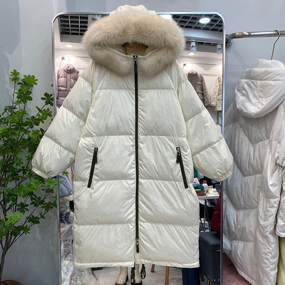 Mid-length Hooded Big Fur Collar Puffer Jacket Women 2021 Winter Warm Parkas Korean Casual Lightweight White Duck Down Outwear