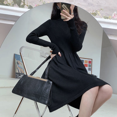 Autumn Knitted Casual Sweater Pullover Black Dress Warm Turtleneck Slim Elegant Tunic Dresses Female Winter Woman