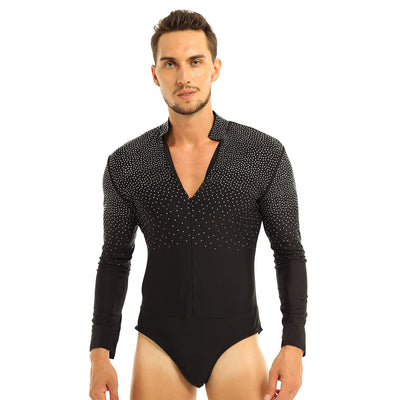 iiniim Men Shiny Rhinestones Ballroom Bodysuit Costumes Dancewear Latin Tango Rumba Dance Shirt Leotard Bodysuit Shirt Tops