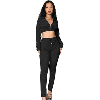 Prowow Tracksuits Zipper Hooded Cropped Tops Pant Two Piece Women Sport Suits Casual Solid Color Fall Joggers Fitness Outfits