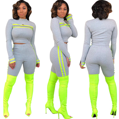 Autumn Women&#39;s Fashion Reflective Patchwork Two Piece Set Neon Yellow Long Sleeve Crop Tops Biker Shorts Suit Casual Tracksuits