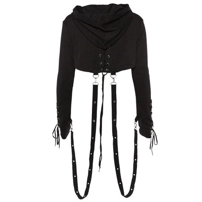 new Women Dark Black Gothic Tops Short Hooded Hoodies Crop Top Fashion Criss-Cross lace Up Sexy Vampire Hoody sweatshirts solid