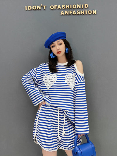 SHENGPAIAE Elastic Waist Drawstring Striped Shorts 2022 summer Women Two Piece Set Off Shoulder Pullover Patchwork Top 5W311