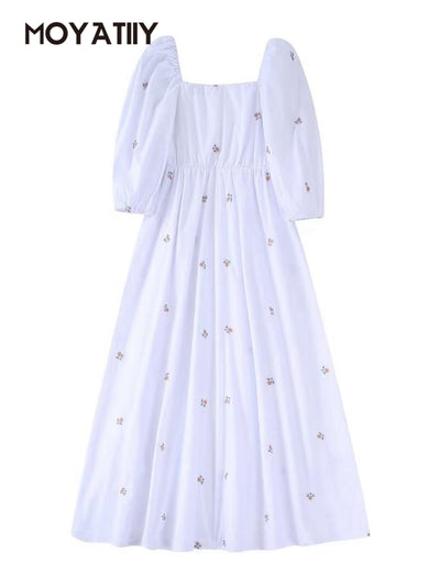 MOYATIIY Women 2022 Fashion Embroidery Midi Dress Vintage Puff Sleeves White Female Dresses Vestidos