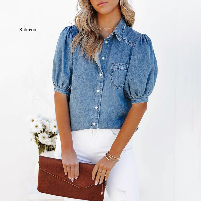 Summer Women&#39;s Denim Shirt Fashion Design Puff Sleeve Elegant Pockets Turn-down Collar Solid Color Denim Top 2022 Trend